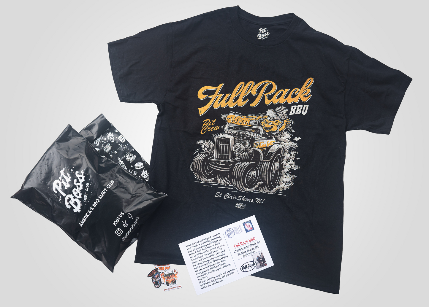 Black t-shirt with 'Full Rack BBQ' graphic design on a white background
