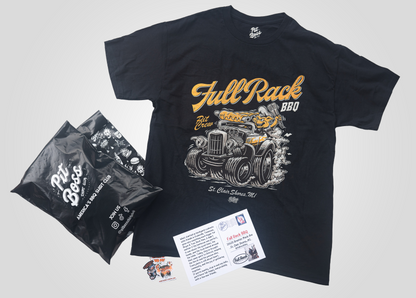 Black t-shirt with 'Full Rack BBQ' graphic design on a white background